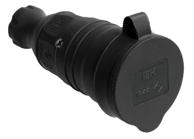 Розетка 1-м Омега РБп13-1-0м с защ. крышкой переносная с заземл. IP44 черн. каучук ИЭК PKR21-016-2-K02