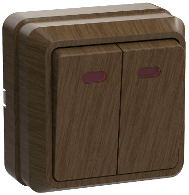 Выключатель 2-кл. ОП ОКТАВА 10А IP20 с индик. дуб ИЭК EVO21-K04-10-DC
