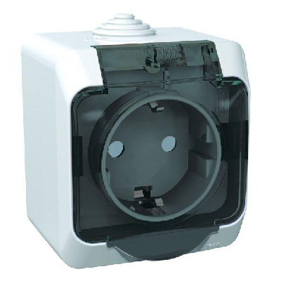 Розетка 1-м ОП Этюд 16А с защ. крышкой защ. шторки с заземл. IP44 бел. SchE PA16-044B