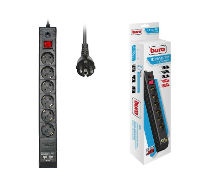Удлинитель с сетевым фильтром 6х1.8м с заземл. 10А IP20 BU-SP1.8_USB_2A CCA 3х0.75 2USB черн. BURO 992310