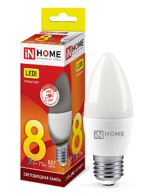 Лампа светодиодная LED-СВЕЧА-VC 8Вт 230В E27 3000К 600Лм IN HOME 4690612020440