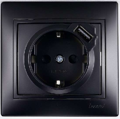 Розетка 1-м СП Мира 16А с з/к + USB разъем черн. бархат LEZARD 701-4242-181
