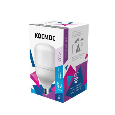 Лампа светодиодная высокомощная 40Вт цилиндр 6500К холод. бел. E27 3650лм 176-240В (переходник с E27 на E40 в комплекте) Космос LksmHWLED40WE2765