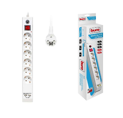 Удлинитель с сетевым фильтром 6х5м с заземл. 10А IP20 BU-SP5_USB_2A-W CCA  бел. BURO 992316