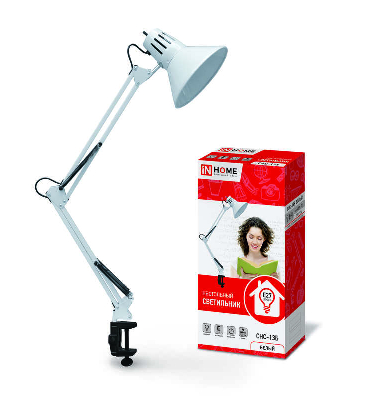 Светильник настольный под лампу СНС-13Б на струбцине 60Вт E27 бел. (коробка) IN HOME 4690612012728