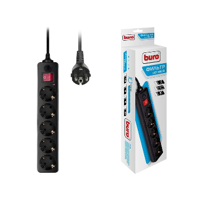 Удлинитель с сетевым фильтром 5х5м с заземл. 10А IP20 500SH-5-B ПВС 3х0.75 черн. BURO 992296