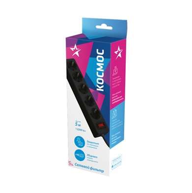 Удлинитель с сетевым фильтром 5х5м с заземл. 10А IP20 2.2кВт 3х0.75 индикатор сети черн. Космос FKsm5m-5g(B)