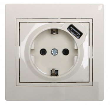 Розетка 1-м СП Мира 16А с з/к +USB крем. Lezard 701-0303-181