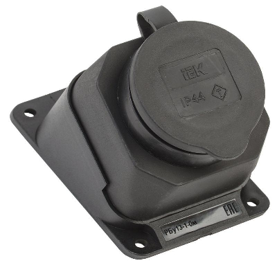 Розетка 1-м Омега РБу13-1-0м с защ. крышкой угловая настен. с заземл. IP44 черн. каучук ИЭК PKR22-016-2-K02